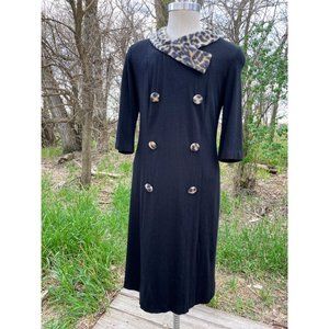 Vintage 1960s Black Dress With Leopard Print Buttons Collar TLC